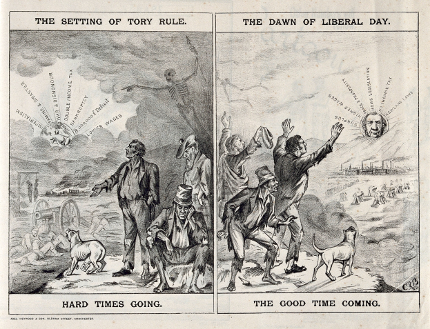 Schwarze und weiße Illustration einer Szene, die den Übergang von Tory-Regelung zu liberaler Regierung zeigt, mit Menschen, Tieren und Gegenständen.