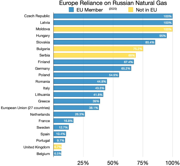 Eine Balkendiagramm, das die Abhängigkeit Europas von russischem Erdgas zeigt, mit Prozentangaben und Text, der die Investitionsniveaus angibt.