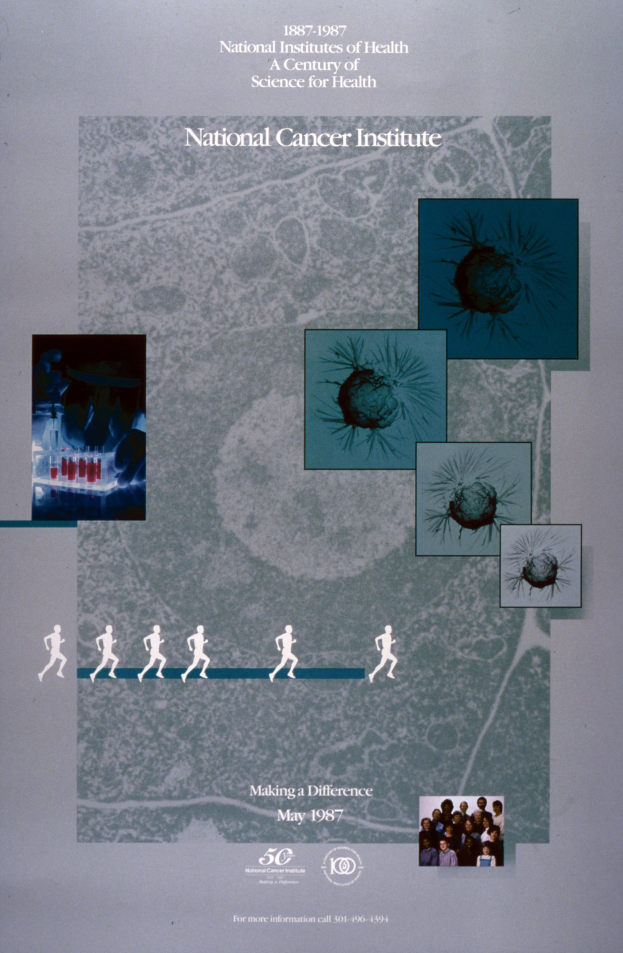 Buntes Plakat für das Nationale Krebsinstitut mit blauem Hintergrund und weißer Schrift, das einen Kreis aus überlappenden, fröhlichen Bildern von verschiedenen Menschen zeigt, die den fetten Text "NATIONAL CANCER INSTITUTE" umgeben.