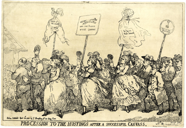 Eine Schwarz-Weiß-Zeichnung einer Menge mit Schildern, auf denen der Text "Prozession zum Wahllokal Nach einem erfolgreichen Wahlkampf" zu erkennen ist.