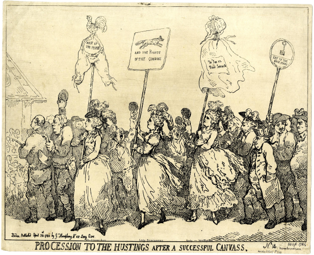 Eine Schwarz-Weiß-Zeichnung einer Menge mit Schildern, auf denen der Text "Prozession zum Wahllokal Nach einem erfolgreichen Wahlkampf" zu erkennen ist.