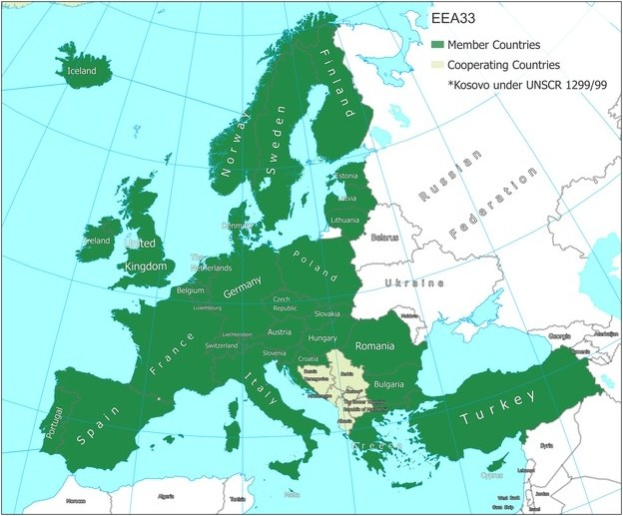 Ein Plakat, das eine detaillierte Karte von Europa zeigt, auf der die Mitgliedstaaten der Europäischen Union, einschließlich ihrer Grenzen, wichtige Städte, Flüsse und geografische Merkmale hervorgehoben sind, mit zusätzlichem Text, der die Landesnamen und Grenzinformationen bereitstellt.