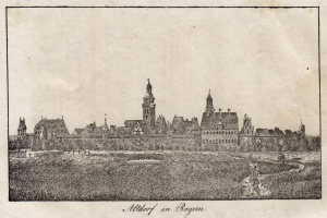 Zeichnung einer Stadt mit einem zentralen Uhrenturm, umgeben von Gebäuden, Bäumen und Gras, mit dem Text "Alterhof in Bayern" unten.